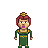 Pixel art character with reddish-brown hair, gold headpiece, green dress with yellow accents, and purple mouth against gray background.