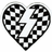 Black and white pixelated heart split into two halves with a checkered pattern on each side, set against a white background.