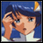 Pixelated anime-style character with blue hair and blue eyes, hand raised to forehead, wearing white and blue outfit against blue background.