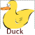 A pixelated yellow duck with an orange beak and black outline stands against a white background, below which the word 'Duck' appears in brown text.