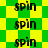 Green and yellow checkered background with repeated black text 'spin' in a pattern, transitioning from sharp to blurred appearance
