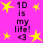 Bright pink background with yellow star shapes and black text reading '1D is my life! <3' arranged in a pattern