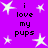 Purple background with white star shapes and repeated black text "i love my pups" in pixelated font.