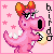 Pixelated pink dinosaur with orange bow, black glasses, and white teeth holding a yellow object against pink starry background.