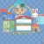 Pixelated avatar shows a figure with light blue hair holding a green object above their head, standing before two white rectangular panels on a checkered background.