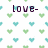 Pixelated text 'love-' and 'I Hate It' appear over a repeating pattern of green and blue heart shapes on white background.