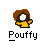 Pixelated icon of a character with brown hair and yellow clothing, white eyes, standing against gray background with 'Pouffy' text below.