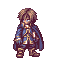 Pixel art character in blue and gold outfit with flowing cape, shown in multiple poses including standing still and extending arms forward.