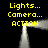 Yellow text 'Lights... Camera... ACTION' surrounds a central white spotlight frame on black background.