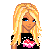 Pixel art contact sheet showing 11 frames of an animated buddy icon featuring a blonde cartoon girl with blue eyes, black top, pink bow accents, and text elements arranged in a grid layout.