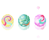 Animated sequence of circular icons with swirling pastel patterns and small pink hearts floating around them on a gray background.