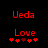 Red pixelated text 'Ueda' and 'Love' with heart symbols on black background, showing animation change in heart symbols.