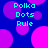 Pixelated blue background with overlapping pink and purple circles, cyan text reading Polka Dots Rule repeated four times in a
