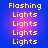 Yellow pixelated text 'Flashing Lights' repeated five times on a blue background with pink gradient center, displayed in four identical
