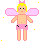 Pixelated fairy avatar with blonde hair, pink wings, and pink shorts against gray background with scattered white and yellow dots.
