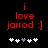 Red pixelated text 'i love jarrod :]' on black background with white and gray plus signs below, animated change in plus sign positions.