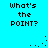 Cyan background with four identical black pixelated text blocks reading "What's the POINT?" and scattered black dots forming partial ellipses.