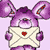 Pixelated purple rabbit-like figure holding a cream-colored envelope with a red heart symbol on it against a light purple background.