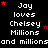 Black background with white pixelated text repeating 'Jay loves Chelsey Millions and millionsand' in a pattern, red stars scattered throughout