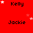 Red background with alternating black text 'Kelly' and 'Jackie' in pixelated font, scattered white and pink stars, and a gray rectangle in bottom-right corner.