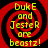 Four identical red and black spiral-patterned icons with yellow text reading "DukE and Jester are beastz!" arranged in a
