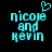 Pixelated cyan text 'nicole and kevin' on black background with a cyan heart symbol above 'nicole' in the first frame, absent in the second frame.