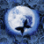 Three circular blue icons with white and black patterns on a blue textured background, each showing a different rotation of a black four-pointed star-like shape.