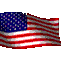 Animated American flag with red and white stripes, blue field of white stars, and visible pixelation on a gray background.