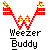 Red pixelated 'W' shape with yellow-orange flame-like pixels at top corners, below which black text reads Weezer Buddy on gray background.