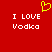 A red background with white pixelated text "I LOVE Vodka" repeated twice and a yellow heart symbol above the left text block.