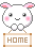 Pixelated white bunny with pink ears and cheeks holds a wooden sign reading 'HOME' in four distinct poses against a gray background.