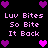 Pixel art contact sheet showing four identical frames of a text-based icon with pink and purple hearts on black background, each frame containing repeated phrases "Luv Bites So Bite It Back" in pixelated font.