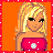 Pixel art contact sheet showing three animated frames of a blonde cartoon character in pink and white attire with text elements below each frame on orange background.