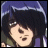Pixelated anime-style character with dark hair and light skin, wearing a purple garment, next to stylized text on a black background.