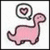Pink dinosaur with brown outline stands beside a thought bubble containing three nested hearts, all on white background.