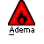 Red triangular icon with black flame symbol above 'Adema' text, transitioning through multiple pixelated character arrangements with yellow hair and red/blue clothing.
