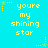 Pixelated text 'youre my shining star' in yellow on cyan background with scattered stars and dotted lines.