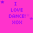 A bright pink background displays repeated text "I LOVE DANCE! XOX" in blue pixelated font with scattered purple and light purple stars.