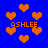 Blue background with orange hearts and repeated text "ASHLEE" in pixelated font, showing motion blur effects on some heart shapes.
