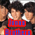 A group of young men in dark shirts with white collars, with blue text overlays on red backgrounds, and a sequence of blue emoticons.