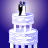 Pixelated static image of a two-tiered white wedding cake with blue accents and a black-and-white topper against a purple gradient background.