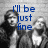 Black-and-white image of two people with blue text overlays reading "I'll be just fine" and "pretending" in top section, "I'm not" in bottom section.