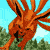 Animated sequence of an orange nine-tailed fox-like creature in various poses against a blue sky and green trees background.