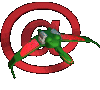 A green and red pixelated icon with a central figure surrounded by concentric @ symbols, showing animation changes in the background rings.