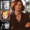 A woman with short red hair in a brown button-up shirt and silver necklace stands against a blurred background, surrounded by smaller images of her face.