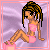 Pixelated character with brown braided hair in pink bikini sits on purple satin background, text 'jess e cuh' appears below.