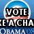 A split- image with 'VOTE' text, a circular emblem, and partial 'OBAMA' text on the left, and a person in a suit with sunglasses on the right