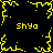 Yellow pixelated text and abstract shapes on a black background, with four instances of 'Shya' arranged around a central starburst pattern.