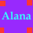 Purple background with red squares and repeated cyan text 'Alana' in pixelated font.
