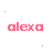Pixelated pink text 'alexa' with plus signs appears in two on a white background, surrounded by scattered red and orange pixel dots and crosses
